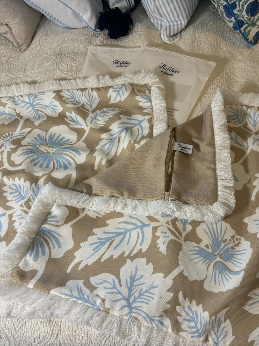 Hofdeco Premium Coastal Tan Baby Blue Hibiscus Pillow Cover 20”x20” Set of 2